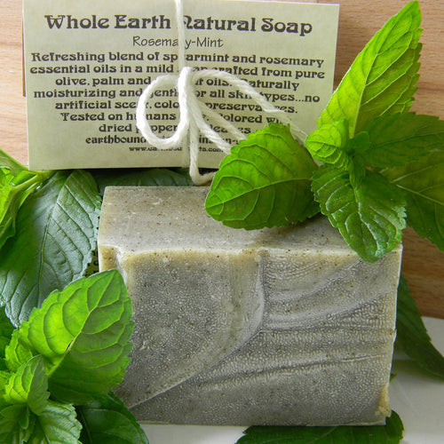 Photograph of a bar of Earthbound Arts rosemary mint soap